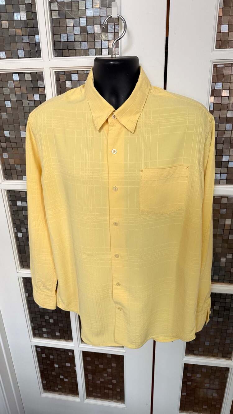 Tommy Bahama Silk Long Sleeve Shirt Size L Yellow Plaid Button Up # 678